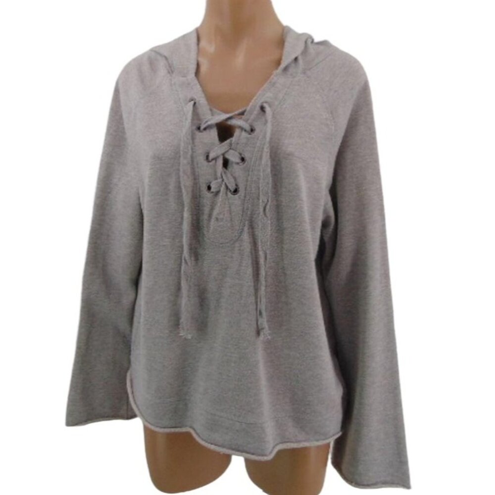 Sanctuary Gray Hoodie Knit Top Sweatshirt L Lace Up Front Rolled Hem Shipley